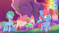 Size: 3072x1727 | Tagged: safe, screencap, emerald saucer, kazoo (g5), pony, unicorn, friday night food fight, g5, my little pony: tell your tale, spoiler:g5, spoiler:my little pony: tell your tale, spoiler:tyts01e66, :o, colt, foal, magic, male, open mouth, stallion, straw cup (g5), telekinesis, trio, unnamed character