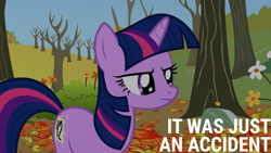 Size: 2000x1125 | Tagged: safe, edit, edited screencap, editor:quoterific, screencap, twilight sparkle, pony, unicorn, fall weather friends, g4, 42, female, frown, leaves, mare, solo, tree, twilight sparkle is not amused, unamused, unicorn twilight