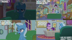 Size: 2000x1125 | Tagged: safe, edit, edited screencap, editor:quoterific, screencap, starlight glimmer, trixie, g4, student counsel, couch, floppy ears, inkwell, kite, quill, school of friendship, scroll, starlight's office
