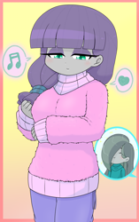 Size: 1832x2922 | Tagged: safe, artist:batipin, marble pie, maud pie, equestria girls, g4, clothes, cute, digital art, female, gradient background, happy, heart, lidded eyes, pants, smiling, solo, sweater