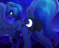 Size: 3999x3211 | Tagged: safe, alternate version, artist:czu, princess luna, alicorn, pony, g4, bedroom eyes, butt, dock, ethereal mane, female to male, high res, looking back, male, moonbutt, night, open mouth, open smile, peytral, plot, prince artemis, rule 63, smiling, solo, spread wings, stallion, starry mane, starry night, tail, wings