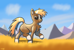 Size: 3072x2048 | Tagged: safe, artist:maonyman, derpibooru exclusive, earth pony, horse, pony, chest fluff, cloud, coat markings, dock, ear fluff, facial markings, grass, happy, high res, highlights, lighting, looking at you, mountain, mountain range, ponified, raised hoof, raised hooves, raised tail, sergeant reckless, shading, shadow, smiling, socks (coat markings), solo, tail, trotting