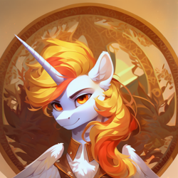 Size: 856x856 | Tagged: safe, ai assisted, ai content, artist:fire ray, oc, oc only, oc:fire ray, alicorn, pony, alicorn oc, bust, general, horn, male, solar empire, solo, wings