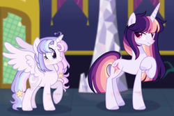 Size: 1280x853 | Tagged: safe, artist:afterglory, artist:lavender-bases, artist:moon-rose-rosie, oc, oc only, oc:celestial aurora, oc:celestial moon, oc:moon roseanne, alicorn, pony, unicorn, g4, alicorn oc, base used, coat markings, colored horn, concave belly, duo, facial markings, female, height difference, hoof on chest, horn, lidded eyes, lightly watermarked, looking back, magical lesbian spawn, mare, not twilight sparkle, offspring, parent:rainbow dash, parent:twilight sparkle, parents:twidash, physique difference, raised hoof, siblings, sisters, slender, spread wings, standing, star (coat marking), thin, twilight's castle, unicorn oc, watermark, wings