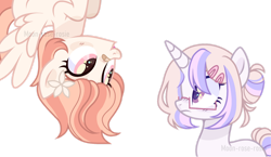 Size: 1280x742 | Tagged: safe, artist:moon-rose-rosie, oc, oc only, oc:lisa, oc:magnolia, pegasus, pony, unicorn, g4, bandaid, bandaid on nose, base used, blush lines, blushing, closed mouth, duo, female, flower, flower in hair, flying, frown, glasses, hair bun, hairclip, horn, lightly watermarked, looking at each other, looking at someone, magical lesbian spawn, mare, offspring, open mouth, parent:applejack, parent:bulk biceps, parent:fluttershy, parent:rarity, parents:flutterbulk, parents:rarijack, pegasus oc, pink eyes, purple eyes, simple background, tail, tail bun, transparent background, unicorn oc, upside down, watermark
