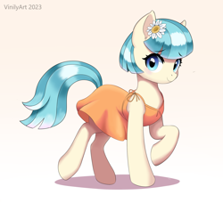 Size: 2152x1964 | Tagged: safe, artist:vinilyart, coco pommel, earth pony, pony, g4, clothes, cocobetes, cute, dress, eyebrows, eyebrows visible through hair, female, flower, flower in hair, high res, looking at you, mare, raised hoof, shadow, side view, simple background, simple dress, smiling, smiling at you, solo, white background