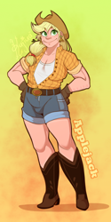 Size: 1184x2369 | Tagged: safe, artist:kutapikakun, applejack, human, g4, alternate hairstyle, applejack's hat, boots, breasts, cleavage, clothes, cowboy boots, cowboy hat, cute, ear piercing, earring, female, flannel, freckles, gloves, hand on hip, hat, humanized, jackabetes, jewelry, legs, muscles, piercing, shoes, shorts, smiling, solo, straw in mouth, tank top
