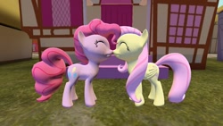 Size: 1360x768 | Tagged: safe, artist:fco513, fluttershy, pinkie pie, earth pony, pegasus, pony, g4, 3d, ^^, duo, eyes closed, female, gmod, lesbian, mare, nuzzling, ponyville, ship:flutterpie, shipping, smiling, sugarcube corner