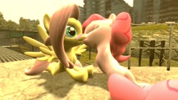 Size: 1366x768 | Tagged: safe, artist:crazymod122, fluttershy, pinkie pie, earth pony, pegasus, pony, g4, 3d, blushing, cute, daaaaaaaaaaaw, dialogue in the description, duo, eyes closed, female, gmod, kiss on the lips, kissing, lesbian, mare, ship:flutterpie, shipping, source filmmaker, story included, surprise kiss