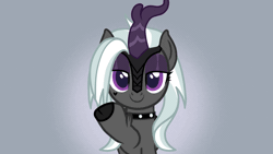 Size: 1280x720 | Tagged: safe, artist:aleksa_light, oc, oc only, oc:jinx kurai, kirin, pony, animated, bedroom eyes, blowing a kiss, cloven hooves, collar, eyeshadow, female, flirting, gif, gray background, grin, heart, hoof kissing, horn, kirin oc, lidded eyes, looking at you, makeup, mare, show accurate, simple background, smiling, smiling at you, solo, tattoo, vector