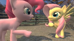 Size: 1366x768 | Tagged: safe, artist:crazymod122, fluttershy, pinkie pie, earth pony, pegasus, pony, g4, 3d, crying, cute, daaaaaaaaaaaw, dialogue in the description, duo, female, gmod, happy, jewelry, lesbian, mare, marriage proposal, open mouth, open smile, ring, ship:flutterpie, shipping, smiling, source filmmaker, spread wings, story included, tears of joy, wings