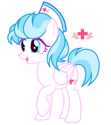Size: 1280x1433 | Tagged: safe, artist:vi45, oc, oc only, unnamed oc, pegasus, pony, g4, blue hair, blue mane, blue tail, colored eyelashes, cute, ear freckles, female, folded wings, freckles, hat, mare, medic, nurse, nurse hat, ocbetes, pegasus oc, raised hoof, simple background, solo, standing, tail, white background, white coat, white fur, wings