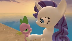 Size: 1280x720 | Tagged: safe, artist:cakesarelies, rarity, spike, dragon, pony, unicorn, g4, 3d, female, gmod, holding hoof, lidded eyes, looking at each other, looking at someone, male, mare, marriage proposal, ocean, ship:sparity, shipping, smiling, smiling at each other, source filmmaker, straight, water