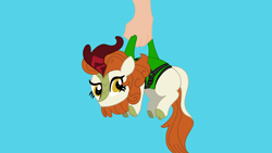 Size: 3840x2160 | Tagged: safe, alternate character, alternate version, artist:duran301, autumn blaze, kirin, series:pack a pony, g4, blue background, carrying, hand, high res, offscreen character, simple background, solo