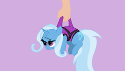 Size: 3840x2160 | Tagged: safe, alternate character, alternate version, artist:duran301, trixie, pony, unicorn, series:pack a pony, g4, carrying, hand, high res, offscreen character, purple background, simple background, solo