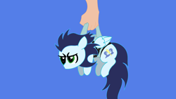 Size: 3840x2160 | Tagged: safe, alternate character, alternate version, artist:duran301, soarin', pegasus, pony, series:pack a pony, g4, blue background, carrying, hand, high res, offscreen character, simple background, solo