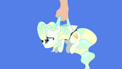 Size: 3840x2160 | Tagged: safe, alternate character, alternate version, artist:duran301, vapor trail, pegasus, pony, series:pack a pony, g4, blue background, carrying, hand, high res, offscreen character, simple background, solo