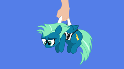 Size: 3840x2160 | Tagged: safe, alternate character, alternate version, artist:duran301, sky stinger, pegasus, pony, series:pack a pony, g4, blue background, carrying, hand, high res, offscreen character, simple background, solo