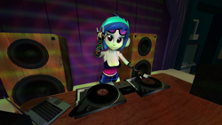 Size: 1920x1080 | Tagged: safe, artist:oatmeal!, dj pon-3, vinyl scratch, human, equestria girls, g4, 3d, accessory swap, amplifier, bare shoulders, breasts, canterlot high, cleavage, computer, gmod, headphones, laptop computer, looking at you, music, performance, record player, solo, spotlight, stage, standing, sunglasses