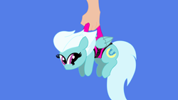 Size: 3840x2160 | Tagged: safe, alternate character, alternate version, artist:duran301, fleetfoot, pegasus, pony, series:pack a pony, g4, blue background, carrying, hand, high res, offscreen character, simple background, solo