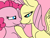 Size: 1516x1142 | Tagged: safe, artist:jadeharmony, fluttershy, pinkie pie, earth pony, pegasus, pony, g4, big smile, cute, duo, female, hoof under chin, lesbian, lidded eyes, looking at each other, looking at someone, mare, pink background, ship:flutterpie, shipping, simple background, smiling, smiling at each other, spread wings, wings