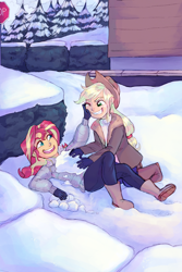 Size: 1800x2700 | Tagged: safe, artist:abbytabbys, applejack, sunset shimmer, fanfic:looking glass, series:who we become, equestria girls, g4, commission, duo, full background, snow, snowball, snowball fight, stop sign, tree, younger