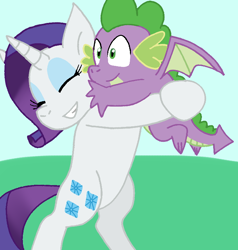 Size: 738x774 | Tagged: safe, artist:cmara, rarity, spike, dragon, pony, unicorn, g4, age difference, bipedal, cute, daaaaaaaaaaaw, eyes closed, eyeshadow, female, grin, holding a dragon, holding a spike, hug, lifting, makeup, male, mare, raribetes, ship:sparity, shipping, smiling, spikabetes, straight, winged spike, wings