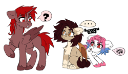 Size: 2560x1497 | Tagged: safe, artist:batavern, artist:hardrock, oc, oc:hardy, alicorn, bat pony, pony, chest fluff, collaboration, female, looking at each other, looking at someone, male, mare, simple background, stallion, teasing, tongue out, trio, white background