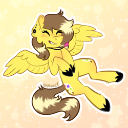 Size: 2500x2500 | Tagged: safe, artist:mitexcel, oc, oc only, oc:color brush, pegasus, pony, artfight, brown mane, brown tail, ear piercing, happy, high res, jewelry, necklace, piercing, tail, yellow coat