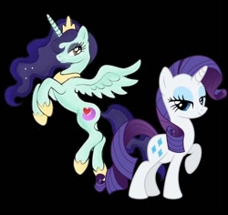 Size: 1080x1018 | Tagged: safe, artist:princessmoonlove, rarity, oc, oc:princess moonlove, alicorn, pony, unicorn, g4, alicorn oc, black background, closed mouth, ethereal hair, ethereal mane, ethereal tail, eyeshadow, female, flying, hoof shoes, horn, jewelry, lidded eyes, makeup, mare, peytral, princess shoes, purple moon, raised hoof, recolor, simple background, smiling, sparkly mane, spread wings, standing, tail, tiara, wings