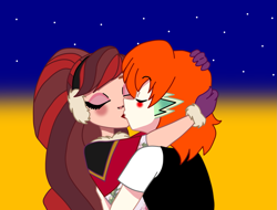 Size: 1367x1037 | Tagged: safe, artist:spike17, spike, human, g4, blushing, crossover, crossover shipping, duo, ever after high, eyes closed, female, hug, human spike, humanized, kiss on the lips, kissing, male, missing accessory, no glasses, orange hair, rosabella beauty, ship:rospike, shipping, spike x ever after high, straight