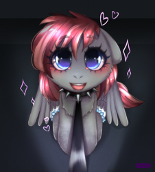 Size: 2154x2380 | Tagged: safe, artist:vaiola, oc, oc only, oc:vermillion dusk, dog, pegasus, pony, begging, behaving like a dog, big eyes, chest fluff, choker, collar, commission, cute, diaper, diaper fetish, fetish, full body, happy, high res, leash, long mane, looking at you, looking up, looking up at you, non-baby in diaper, open door, open mouth, pegasus oc, pet play, pink hair, puppy, puppy dog eyes, shadow, sitting, solo, sparkles, spread wings, studded choker, wings