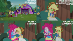 Size: 2000x1125 | Tagged: safe, edit, edited screencap, editor:quoterific, screencap, applejack, pinkie pie, accountibilibuddies, equestria girls, g4, my little pony equestria girls: better together, forest, nature, stage, tree, tree stump