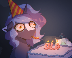 Size: 2804x2280 | Tagged: safe, artist:witchtaunter, lyra heartstrings, oc, oc:witching hour, pony, unicorn, g4, birthday, cake, candle, faic, food, hat, high res, male, party hat, party horn, sniffing, stallion