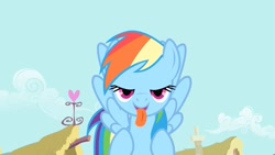 Size: 1920x1080 | Tagged: safe, screencap, rainbow dash, pegasus, pony, a bird in the hoof, g4, season 1, bedroom eyes, derp, faic, flying, invisible stallion, licking, lidded eyes, looking at you, open mouth, open smile, raised hoof, smiling, smiling at you, solo, tongue out