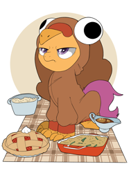 Size: 3508x4633 | Tagged: safe, artist:honeydew_stars, scootaloo, pegasus, pony, g4, blanket, clothes, commission, costume, cute, cutealoo, food, gravy, grumpy, holiday, pie, scootachicken, scootaloo is not amused, scootaturkey, solo, thanksgiving, turkey costume, unamused, ych result