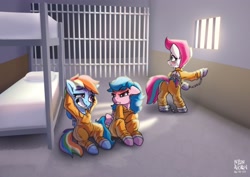 Size: 2522x1788 | Tagged: safe, artist:nyanakaru, firefly, rainbow dash, zipp storm, pegasus, pony, g1, g4, g5, bed, bound wings, bunk bed, butt, chains, clothes, cuffs, dock, female, jail, jail cell, jumpsuit, mare, nervous, nervous smile, pillow, plot, prison, prison outfit, prisoner rd, prisoner zipp, shackles, sitting, smiling, tail, trio, wings, zipp and her heroine