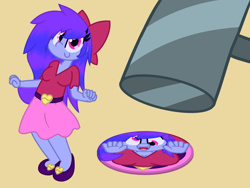 Size: 4000x3007 | Tagged: safe, artist:silvaqular, oc, oc:qular, human, equestria girls, g4, before and after, breasts, cartoon physics, cartoon violence, clothes, cute, disk, flattened, flattening, hammer, shirt, solo, squashed, squished, transformation, v-neck
