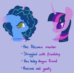 Size: 1354x1341 | Tagged: safe, artist:nyctophilist, derpibooru exclusive, misty brightdawn, twilight sparkle, pony, unicorn, g4, g5, afro mane, blue coat, blue mane, character development, coiled mane, comparison, duo, female, fluffy mane, frown, lineless, list, mare, misty and her 3rd heroine, purple coat, smiling, straight mane