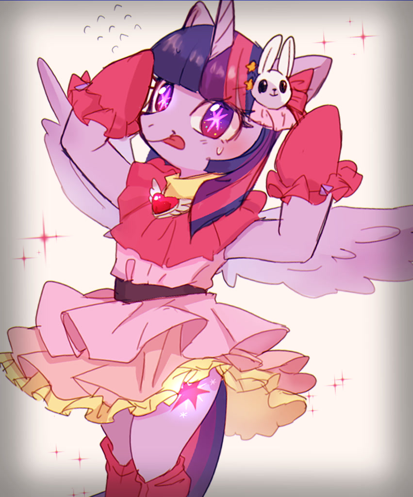 [alicorn,bipedal,clothes,cosplay,costume,dress,female,g4,gloves,looking at you,mare,safe,semi-anthro,simple background,solo,sparkles,starry eyes,twilight sparkle,white background,wingding eyes,wings,tongue out,idol,arm hooves,smiling,spread wings,glowing cutie mark,paraskirt,twilight sparkle (alicorn),artist:hosikawa,legs together,standing on two hooves,oshi no ko,twi hoshino]