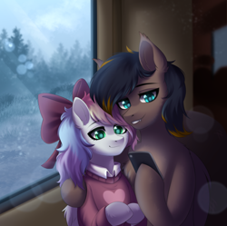 Size: 2292x2286 | Tagged: safe, artist:alunedoodle, oc, oc only, oc:black night, oc:blazey sketch, bat pony, pegasus, pony, bow, couple, hair bow, high res, hug, phone, two toned mane, window