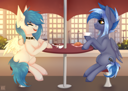 Size: 3790x2700 | Tagged: safe, artist:elektra-gertly, oc, oc only, oc:cloudsnow, oc:pixi feather, pegasus, pony, cafe, choker, coffee, cute, day, duo, duo female, female, food, high res, mare, sitting, sitting at table, summer, talking, umbrella