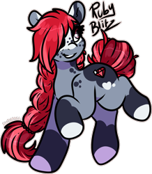 Size: 1501x1718 | Tagged: safe, artist:sexygoatgod, oc, oc only, oc:ruby blitz, earth pony, pony, bald face, blaze (coat marking), braid, coat markings, colored hooves, facial markings, female, freckles, grin, long mane, mare, red eyes, shoulder freckles, simple background, smiling, socks (coat markings), solo, tail, tail bun, transparent background