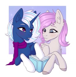 Size: 1951x1979 | Tagged: safe, artist:tanatos, oc, oc only, oc:snowy smarty, oc:violet dawn, pegasus, pony, unicorn, book, clothes, duo, duo female, female, horn, mare, pegasus oc, scarf, simple background, socks, stockings, thigh highs, unicorn oc