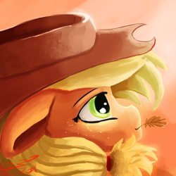Size: 1200x1200 | Tagged: safe, artist:tazool, applejack, earth pony, pony, g4, bust, female, hat, looking up, mare, portrait, profile, smiling, solo, straw in mouth