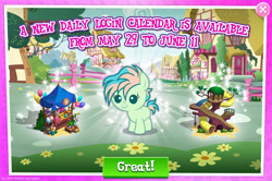 Size: 1953x1298 | Tagged: safe, gameloft, coral currents, earth pony, pony, g4, my little pony: magic princess, official, advertisement, baby, baby pony, balloon, bush, english, female, filly, foal, mare, mobile game, numbers, slide, text