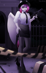 Size: 1600x2500 | Tagged: safe, artist:villjulie, oc, oc only, oc:ellie berryheart, pegasus, anthro, big breasts, breasts, clothes, crime scene, eyeshadow, female, green eyes, gun, hat, looking at you, makeup, necktie, night, pantyhose, pink eyeshadow, police officer, shoes, skirt, smiling, solo, spread wings, tape, tights, weapon, white shirt, wings