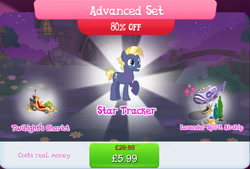 Size: 1270x860 | Tagged: safe, gameloft, star tracker, earth pony, pony, g4, my little pony: magic princess, official, advanced set, airship, bundle, bush, chariot, costs real money, english, freckles, implied twilight sparkle, lanyard, male, mobile game, numbers, sale, solo, stallion, text, tree