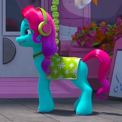 Size: 551x551 | Tagged: safe, screencap, jazz hooves, earth pony, pony, g5, my little pony: make your mark, my little pony: make your mark chapter 3, winter wishday, spoiler:g5, spoiler:winter wishday, blanket, cute, earmuffs, female, grin, headphones, jazz has no ears, jazzibetes, mare, no ears, smiling, solo