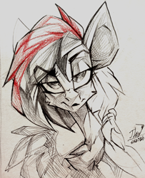 Size: 2888x3549 | Tagged: safe, artist:tlen borowski, oc, pegasus, pony, black and white, bust, eyebrows, grayscale, high res, monochrome, portrait, simple background, sketch, solo, traditional art